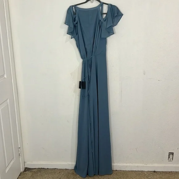 NWT Lulus Easy Listening Slate Blue Cold-Shoulder Wrap Maxi Dress - Picture 12 of 12
